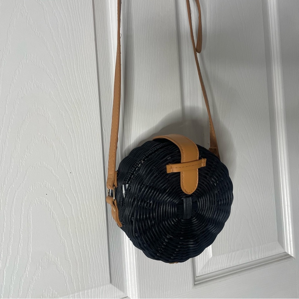Black Woven Round Crossbody Bag with Tan Strap